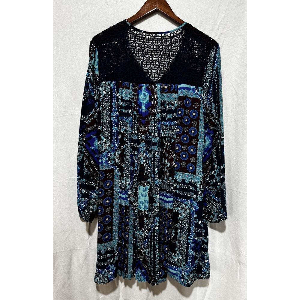 DR2 Floral Tunic Dress V Neck Women’s L Boho Floral Shift Lined Crochet Pleated